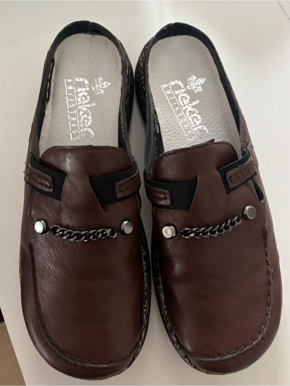 Rieker Brown Leather Chain-Accent Loafers